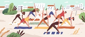 Beach yoga class flat vector illustration. People in sportswear doing yoga asanas on sandy beach. Healthy lifestyle, active recreation outdoors. Open air workout, physical exercising