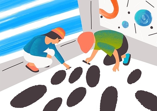 Expressionist artists working together flat vector illustration. Talented painters drawing black round shapes with charcoal pencils cartoon characters. Modern art, expressionism, art biennale concept