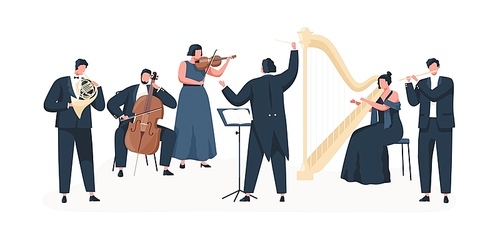 Symphony orchestra flat vector illustration. Professional musicians playing musical instruments on stage with conductor. Classical music concert. Violin, cello, clarinet, harp and french horn players