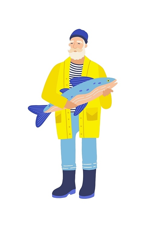 Elderly fisher flat vector illustration. Gray bearded man with big fish. Old fisherman cartoon character. Angler holding fish catch, standing old-aged man isolated on white