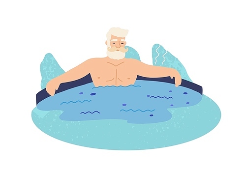 Old man in geyser flat vector illustration. Grandfather lying in water. Elderly tourist cartoon character. Wellness procedure, healthy rest, relax. Hot spring isolated on white 