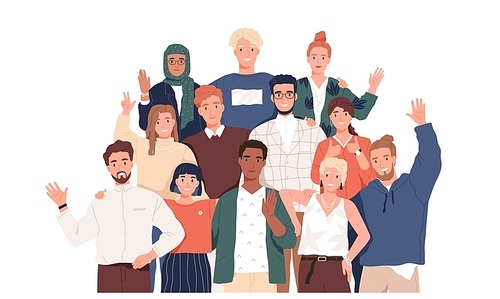 Multicultural team flat vector illustration. Unity in diversity. People of different nationalities and religions cartoon characters. Multinational society. Teamwork, cooperation, friendship concept