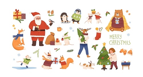Christmas celebration vector illustrations set. Cute animals with New Year gifts isolated characters. Santa Claus, girl decorating christmas tree. Traditional winter holiday symbols bundle
