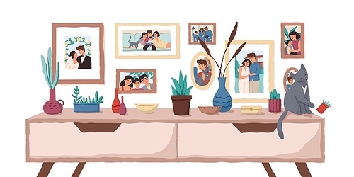 Family portraits on wall flat vector illustration. Important events memorable photographs in home interior. Life moments captured on pictures. Family values, happy memories concept