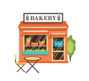Bakery shop flat vector illustration. Bakery store building facade with signboard and coffee table isolated on white . Small kiosk with bread loafs and baguettes at showcase