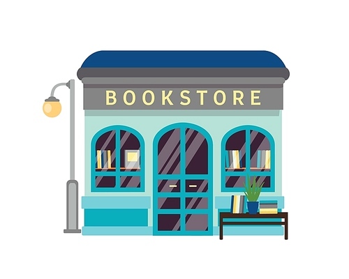 Bookstore flat vector illustration. Bookshop building facade with signboard isolated on white . Small kiosk with books at showcase. Literature, novels, textboks on bookshelves