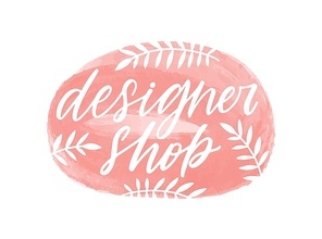 Designer shop handwritten color lettering. Brushstroke store name cursive inscription with botanical elements isolated vector calligraphy. Calligraphic typography, fashion boutique logo design