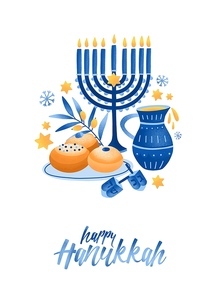 Hanukkah symbols flat vector illustration. Traditional jewish holiday greeting card design with happy hanukkah congratulations. Menorah with david star, pitta bread, jug, olive branch and dreidels