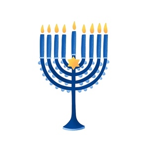 Menorah with david star vector illustration. Hebrew lampstand isolated on white . Jewish holiday. Traditional hanukkah candlestick. Nine branched candelabrum. Religious and holiday attribute