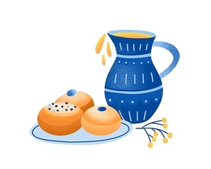 Sufganiyah vector illustration. Jewish jelly donuts and jug of olive oil. Hanukkah traditional treats isolated on white . Hebrew pastry food. Religious holiday meal. Happy Hanukkah