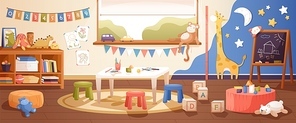 Kindergarten room interior flat vector illustration. Cozy playroom with cute children paintings on wall, furniture and toys. Nursery school environment for teaching kids and playing games