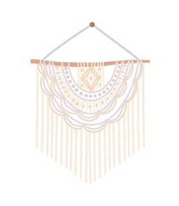 Macrame design vector illustration. Wall hanging decoration with thread fringe, natural colors cord and beads. DIY boho style interior decor. Handmade knot craft decor isolated on white 