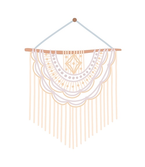Macrame design vector illustration. Wall hanging decoration with thread fringe, natural colors cord and beads. DIY boho style interior decor. Handmade knot craft decor isolated on white 