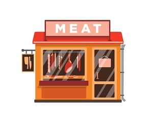 Meat shop flat vector illustration. Butcher store building facade with signboard isolated on white . Small kiosk with salami, pork, beef, red meat, sausages and chicken at showcase