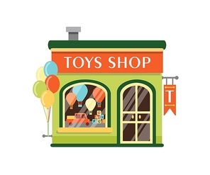 Toys shop flat vector illustration. Kids store building facade with signboard isolated on white . Goods for children. Small kiosk with wooden cubes, tuck car and air balloons at showcase