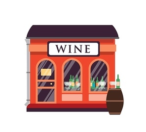 Wine shop flat vector illustration. Alcohol drinks store building facade with signboard isolated on white . Small kiosk with wine bottles and glasses at showcase. Big wooden barrel