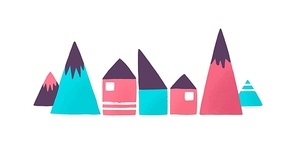Toy houses and mountains flat vector illustration. Conical childish playthings. Kid game, building kit. Abstract rural mountain landscape. Village buildings and hills isolated on white 