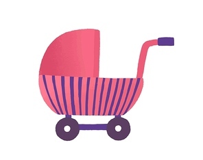 Toy buggy flat vector illustration. Girlish plaything, doll pram. Pink baby stroller, childish vehicle. Kid accessory, puppy cradle. Cute baby carriage isolated on white 