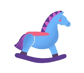 Baby toy flat vector illustration. Blue rocking horse isolated on white . Old fashioned colorful child toy. Nursery and playroom interior element. Traditional children play