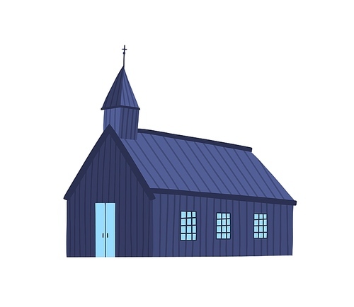 Icelandic church flat vector illustration. Old chapel, wooden plank cathedral. Simple religious building exterior. Antique sanctuary color design element. Ancient kirk isolated on white 