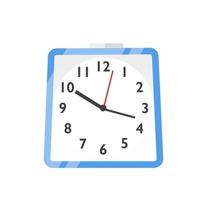 Wall clock, watches flat vector illustration. Scheduling, time management and planning. Hours, minutes and seconds measurement symbol. Blue wall clock icon isolated on white 