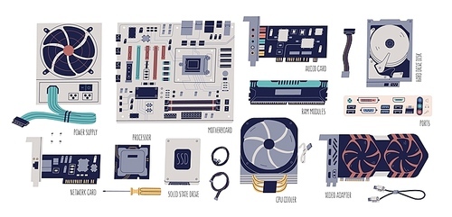 Computer hardware colorful flat vector illustrations set. Motherboard, network, audio and video card, processor, adapter. Processor cooler, power supply, ports and cables collection