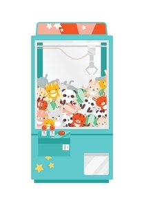Crane game doll machine flat vector illustration. Claw machine with colorful plush animal toys. Amusement for children, winning prize. Arcade game for kids isolated on white 