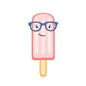 Ice cream cartoon character in eyeglasses vector illustration. Strawberry popsicle, fruity frozen treat isolated on white. Pink frozen yogurt on wooden stick. Summer refreshing sweet dessert
