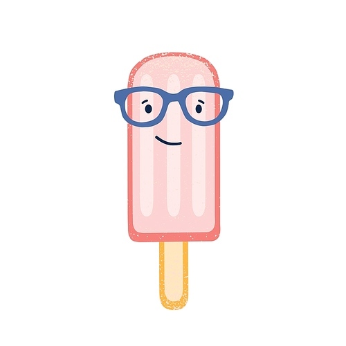 Ice cream cartoon character in eyeglasses vector illustration. Strawberry popsicle, fruity frozen treat isolated on white. Pink frozen yogurt on wooden stick. Summer refreshing sweet dessert