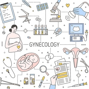 Gynecology social media banner vector template. Professional prenatal care and diagnostics service advertisemen design with linear illustrations. Childbearing, pregnancy and childbirth concept