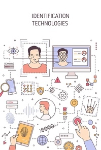Person identification technologies vector banner template. Face recognition, voice authentication and retina scanning. Fingerprints analysis and DNA testing. Biometric gadgets access permission