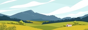 Panoramic landscape with meadows and mountains. House in rural area vector illustration. Scenic outdoor nature view with cottage in countryside. Idyll country life. Green hills, blue sky