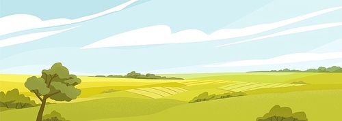 Fields panorama flat vector illustration. Beautiful countryside scenery, picturesque rural landscape, scenic view. Oak tree on glade, green hills under cloudy sky. Natural environment, vivid nature