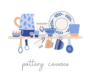 Beautiful hand crafted ceramic tableware hand drawn vector illustration. Pottery courses advertisement design element. Handmade plates, cups jugs and spoons with decorative hand painted ornaments
