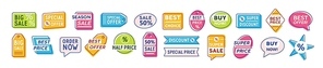 special offer badges vector set. best offer, buy now, special price colorful icons collection. super discount, half price. marketing labels and stickers isolated on white  pack