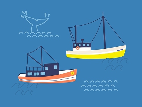 Fishing trawlers in open sea flat vector illustration. Commercial whaling boats and huge whale tail in ocean. Whaler occupation, fisher profession concept. Professional fishery business