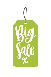 Big sale price tag flat vector illustration. Mega price reduction creative advert idea. Seasonal discounts promo banner design element. Green pricetag with percent sign. Shopping event, sellout ads