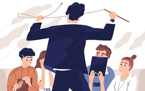 Angry boss, irate teacher flat vector illustration. Team relations, fear atmosphere, attitude towards subordinates, screaming at students concept. Man with whip and frightened staff cartoon characters