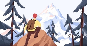 Mountain hiking flat vector illustration. Backpacker exploring wild nature. New horizons and goals concept. Man with backpack conquering peak in forest. Outdoor activity, discovery, exploration