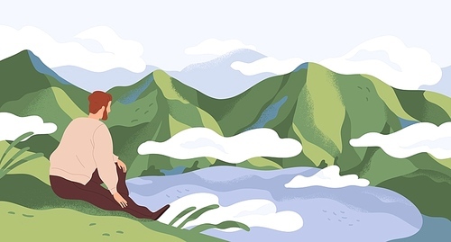 Nature exploration and contemplation flat vector illustration. Man enjoying scenic mountain landscape. Searching new horizons. Explorer cartoon character. Outdoor activity, discovery