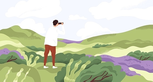Nature lover flat vector illustration. Man with binoculars enjoying scenic landscape. Searching new horizons, life goals. Explorer cartoon character. Outdoor activity, discovery, exploration