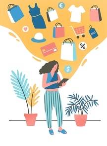 Girl shopping online flat vector illustration. Young woman buying, ordering clothes in internet store. Modern shopper, fashion boutique customer cartoon character. Consumerism, e shopping concept
