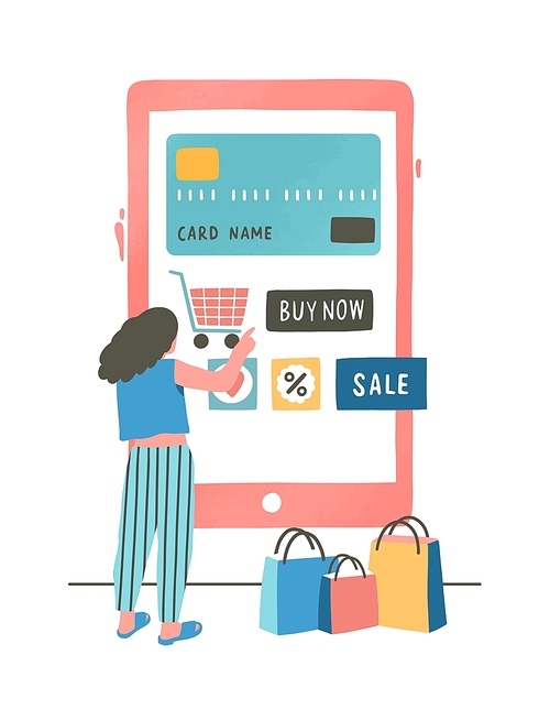 Girl paying with credit card flat vector illustration. Shopper ordering goods online cartoon character Mobile shopping app. Contactless, cashless payment option. E payment, e commerce concept