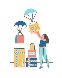 Modern express delivery flat vector illustration. Young lady receiving parcel via airdrop cartoon character. Contemporary postal service, internet orders distribution, goods shipment concept