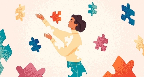 Self healing, recovery flat vector illustration. Woman assembling herself cartoon character. Girl feeling incomplete, looking for fitting puzzle pieces. Mental rehabilitation, psychotherapy concept