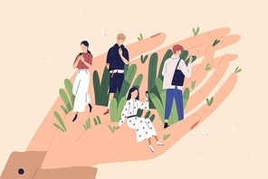 Client care, convenient service flat vector illustration. Application user advantages, customer privileges, buyer liberties concept. People with smartphones on human hand cartoon characters
