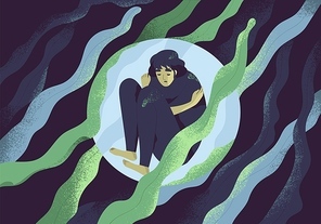 Depressed girl in bubble flat vector illustration. Lonely person in vacuum. Diffident woman in solitude. Isolation, loneliness concept. Lack of confidence, psychological problem, lostness
