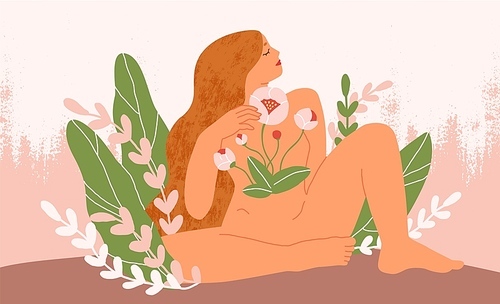 Female blooming from within flat vector illustration. Nude woman with flowers growing from chest. Girl with long hair, unity with mother nature symbol. Femininity, prosperity and self love concept