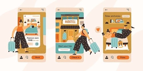 Hostel check-in steps vector illustrations set. Online guesthouse choice and booking app interface. Temporary housing search concept. Female traveler with baggage, hotel guest cartoon character