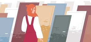 Life choices concept flat vector illustration. Woman cartoon character standing in front of multiple colorful doors. Finding right way, choosing path. Psychological choice. Right and wrong decisions